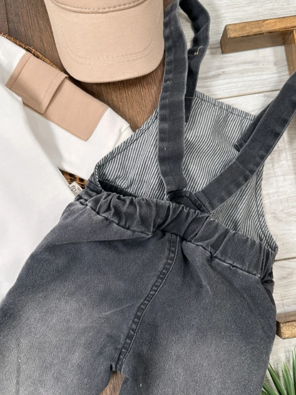 Salopet Şapkalı Cep Detaylı Likralı Kot Salopet Erkek Bebek Takım