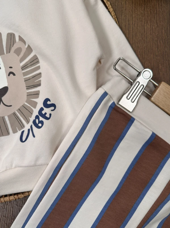 Aslan Baskılı  Çizgili Omuzdan Çıtçıtlı 2li Erkek Bebek Takım