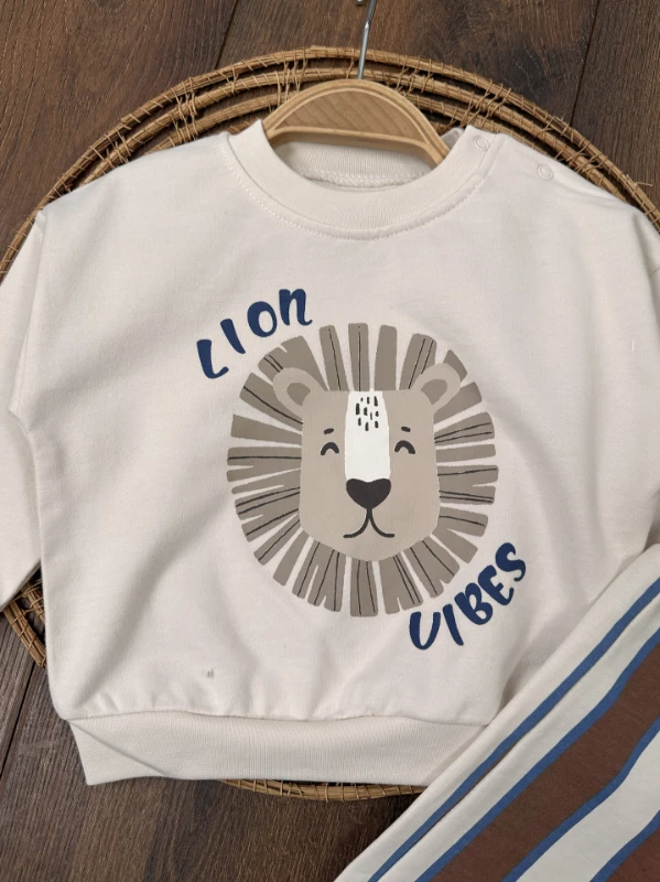 Aslan Baskılı  Çizgili Omuzdan Çıtçıtlı 2li Erkek Bebek Takım