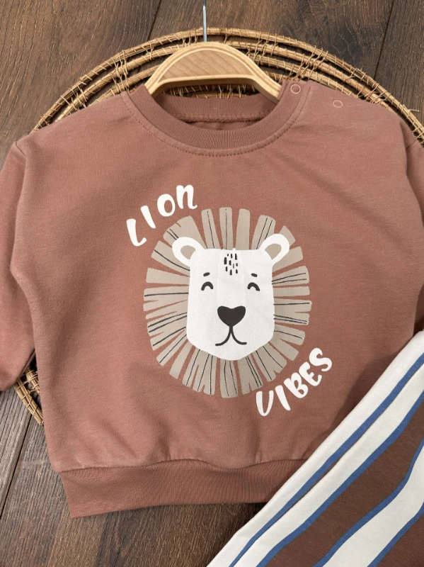 Aslan Baskılı  Çizgili Omuzdan Çıtçıtlı 2li Erkek Bebek Takım