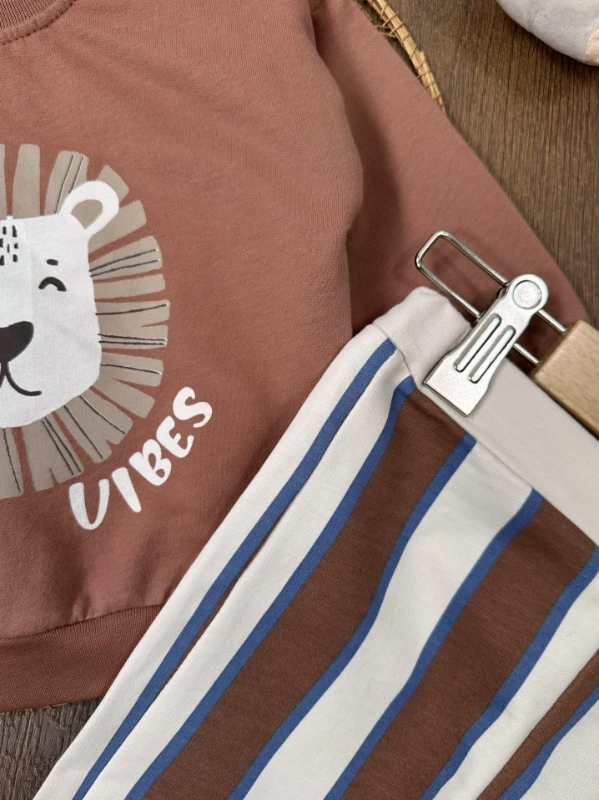 Aslan Baskılı  Çizgili Omuzdan Çıtçıtlı 2li Erkek Bebek Takım