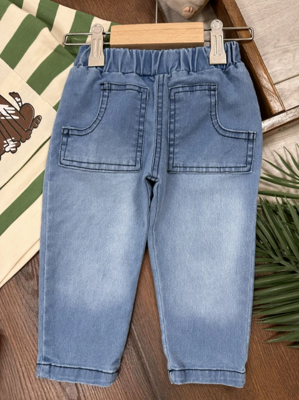 Sevimli Köpek Baskılı Şeritli Bereli Likralı Kot Erkek Bebek Takım