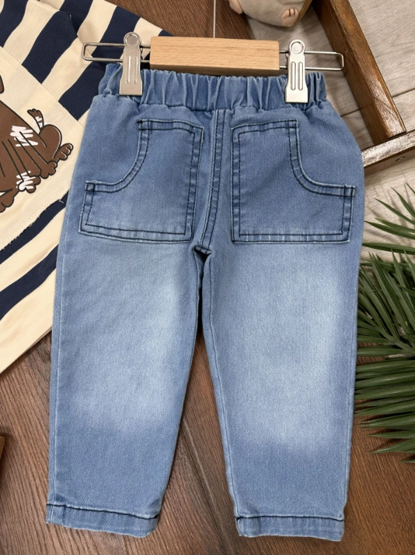 Sevimli Köpek Baskılı Şeritli Bereli Likralı Kot Erkek Bebek Takım