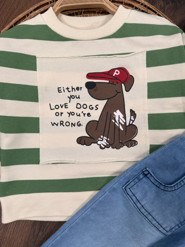 Sevimli Köpek Baskılı Şeritli Bereli Likralı Kot Erkek Bebek Takım