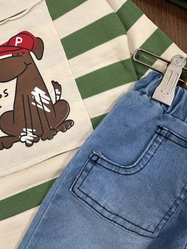 Sevimli Köpek Baskılı Şeritli Bereli Likralı Kot Erkek Bebek Takım