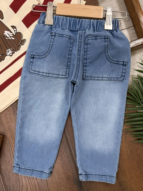 Sevimli Köpek Baskılı Şeritli Bereli Likralı Kot Erkek Bebek Takım