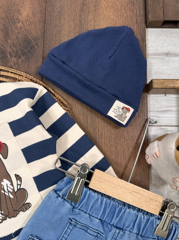 Sevimli Köpek Baskılı Şeritli Bereli Likralı Kot Erkek Bebek Takım