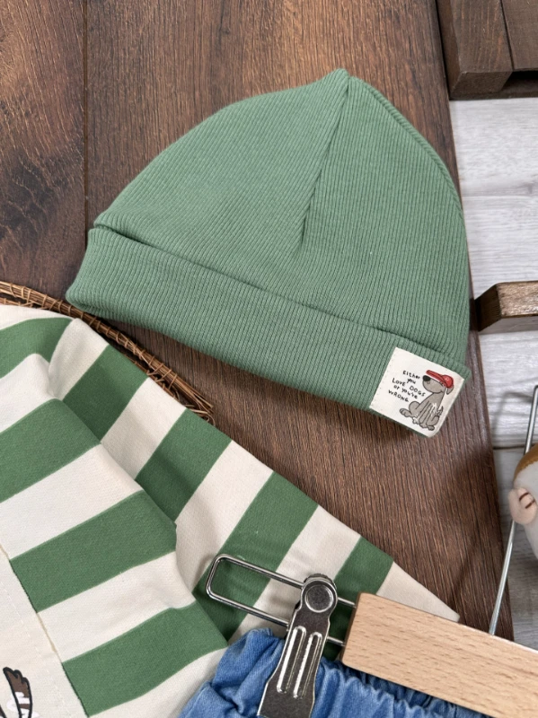 Sevimli Köpek Baskılı Şeritli Bereli Likralı Kot Erkek Bebek Takım