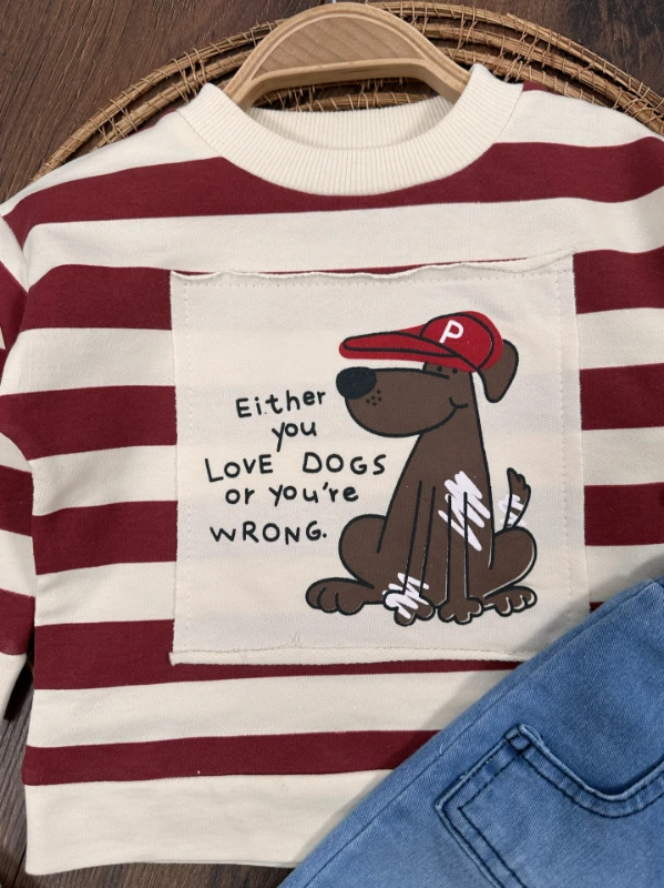 Sevimli Köpek Baskılı Şeritli Bereli Likralı Kot Erkek Bebek Takım