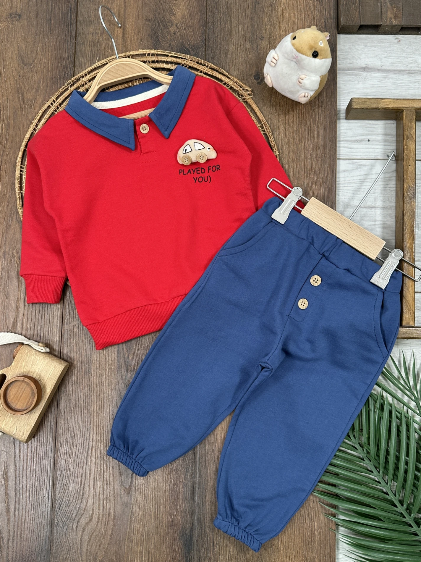 Polo Yaka Araba Oyuncaklı Oversize Geniş Kalıp 2li Erkek Bebek/Çocuk Takım