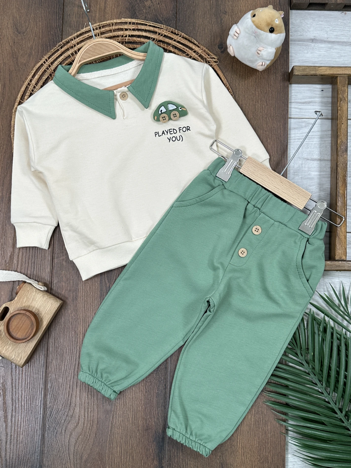 Polo Yaka Araba Oyuncaklı Oversize Geniş Kalıp 2li Erkek Bebek/Çocuk Takım - KREM
