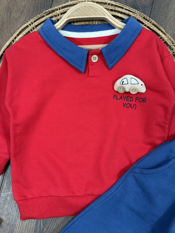 Polo Yaka Araba Oyuncaklı Oversize Geniş Kalıp 2li Erkek Bebek/Çocuk Takım