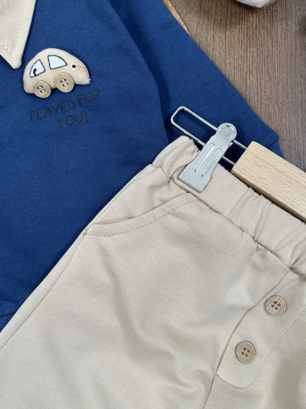 Polo Yaka Araba Oyuncaklı Oversize Geniş Kalıp 2li Erkek Bebek/Çocuk Takım