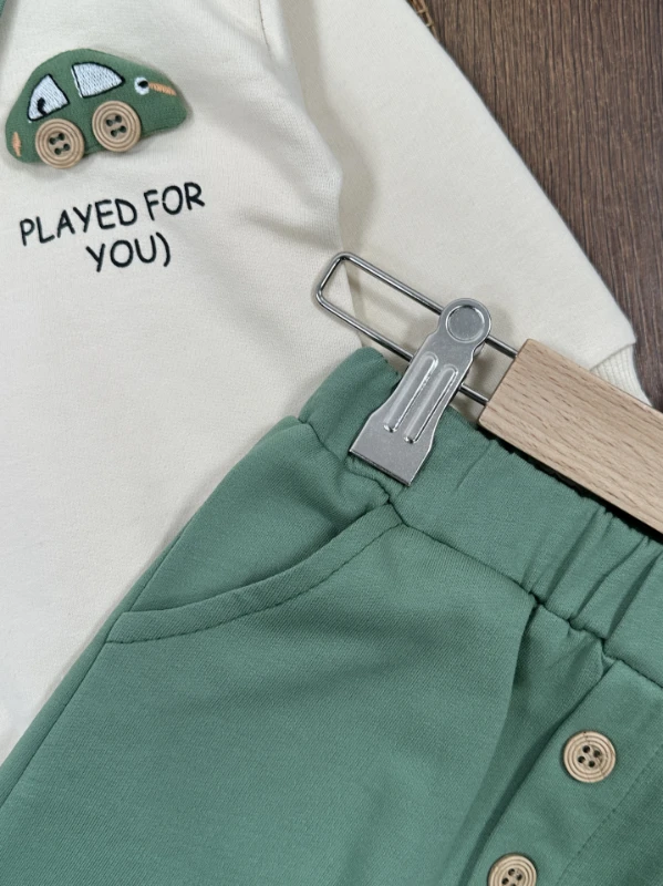 Polo Yaka Araba Oyuncaklı Oversize Geniş Kalıp 2li Erkek Bebek/Çocuk Takım