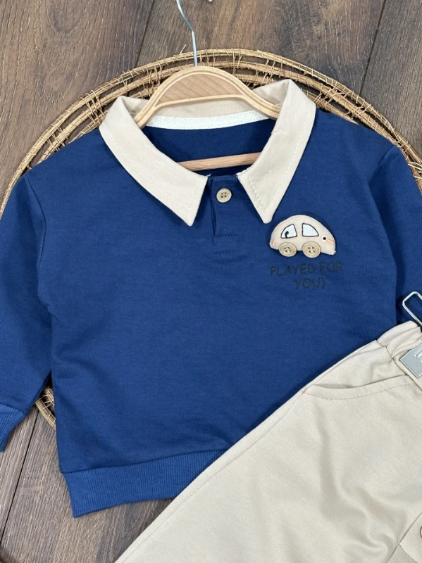 Polo Yaka Araba Oyuncaklı Oversize Geniş Kalıp 2li Erkek Bebek/Çocuk Takım