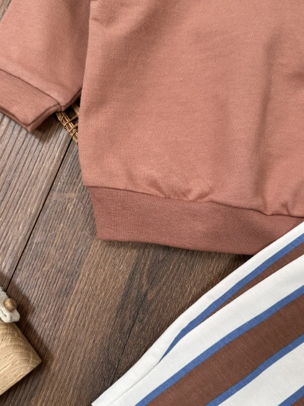 Polo Yaka Güneş Baskılı Çizgili Omuzdan Çıtçıtlı 2li Erkek Bebek Takım