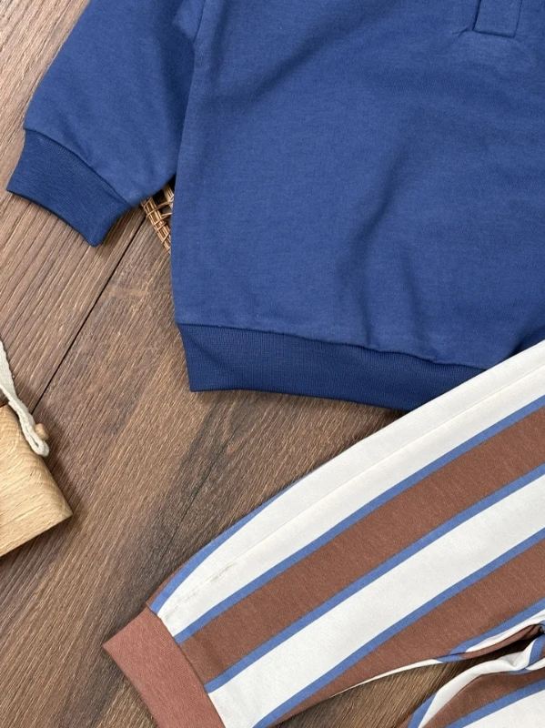 Polo Yaka Güneş Baskılı Çizgili Omuzdan Çıtçıtlı 2li Erkek Bebek Takım