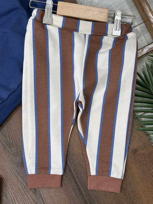 Polo Yaka Güneş Baskılı Çizgili Omuzdan Çıtçıtlı 2li Erkek Bebek Takım