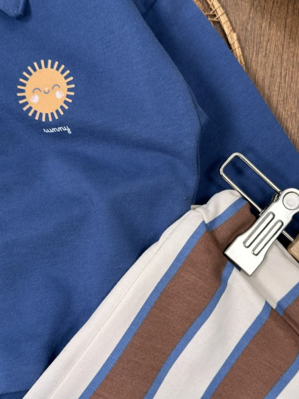 Polo Yaka Güneş Baskılı Çizgili Omuzdan Çıtçıtlı 2li Erkek Bebek Takım