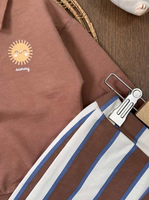 Polo Yaka Güneş Baskılı Çizgili Omuzdan Çıtçıtlı 2li Erkek Bebek Takım