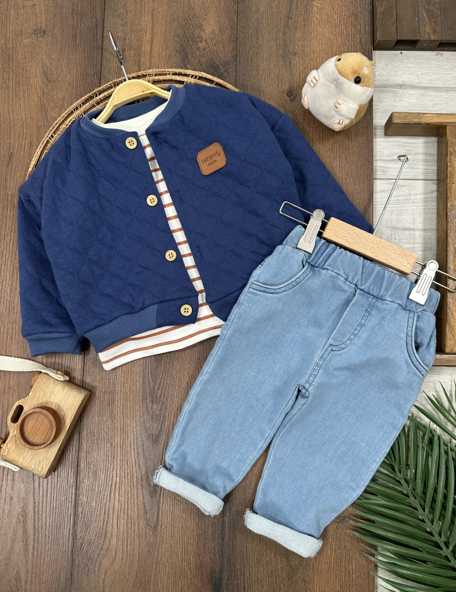 Kapitone Mont Şeritli Badi Likralı Kot Pantolon 3lü Erkek Bebek/Çocuk Takım