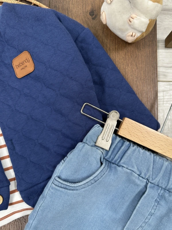 Kapitone Mont Şeritli Badi Likralı Kot Pantolon 3lü Erkek Bebek/Çocuk Takım