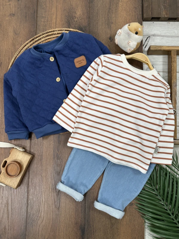 Kapitone Mont Şeritli Badi Likralı Kot Pantolon 3lü Erkek Bebek/Çocuk Takım