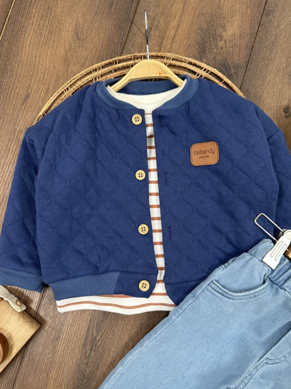 Kapitone Mont Şeritli Badi Likralı Kot Pantolon 3lü Erkek Bebek/Çocuk Takım