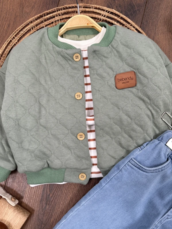 Kapitone Mont Şeritli Badi Likralı Kot Pantolon 3lü Erkek Bebek/Çocuk Takım