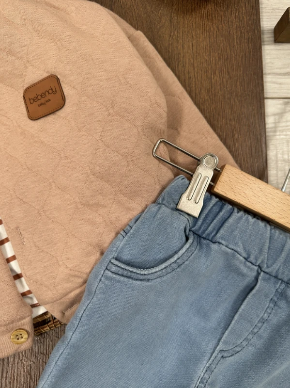 Kapitone Mont Şeritli Badi Likralı Kot Pantolon 3lü Erkek Bebek/Çocuk Takım