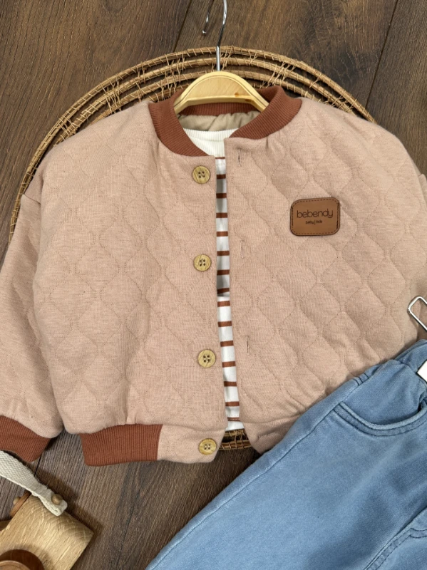 Kapitone Mont Şeritli Badi Likralı Kot Pantolon 3lü Erkek Bebek/Çocuk Takım