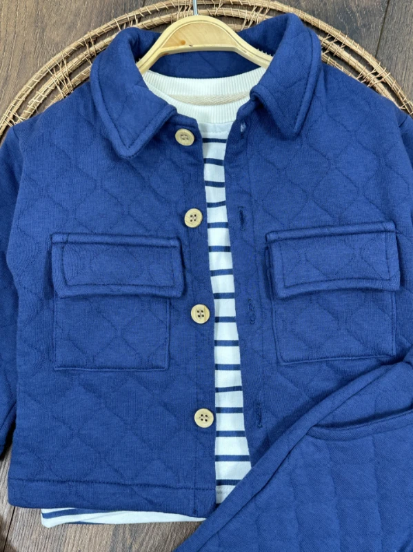 Kapitone Safari Model Şeritli Badi 3lü Erkek Bebek/Çocuk Takım