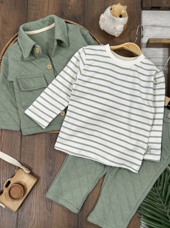 Kapitone Safari Model Şeritli Badi 3lü Erkek Bebek/Çocuk Takım