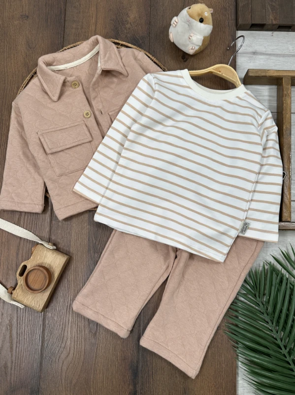 Kapitone Safari Model Şeritli Badi 3lü Erkek Bebek/Çocuk Takım