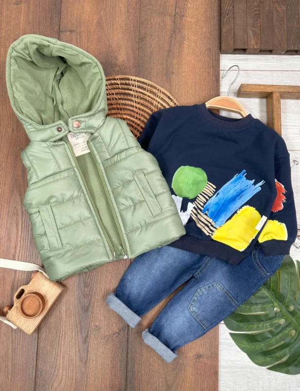 Şişme Yelek Kapüşonlu Etnik Desen Sweatshirt Likralı Pantolon 3lü Erkek Bebek Takım
