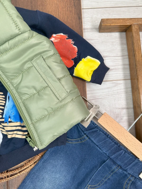 Şişme Yelek Kapüşonlu Etnik Desen Sweatshirt Likralı Pantolon 3lü Erkek Bebek Takım
