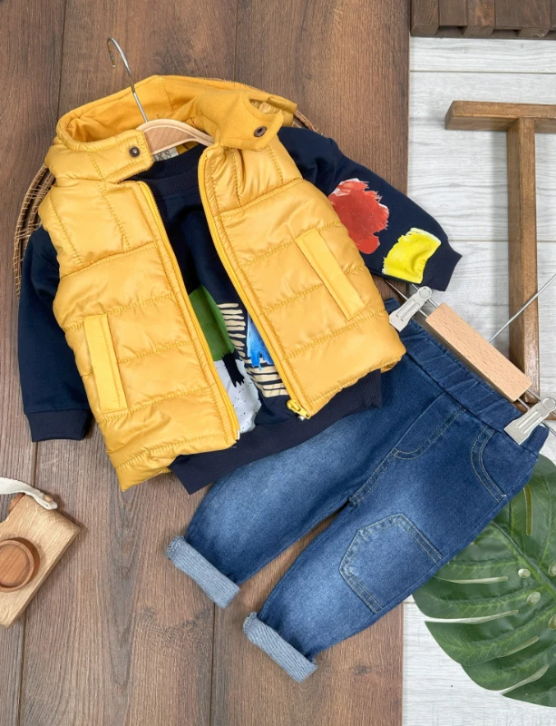 Şişme Yelek Kapüşonlu Etnik Desen Sweatshirt Likralı Pantolon 3lü Erkek Bebek Takım