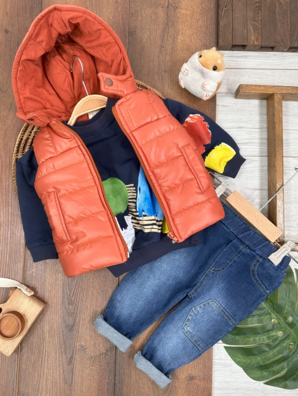 Şişme Yelek Kapüşonlu Etnik Desen Sweatshirt Likralı Pantolon 3lü Erkek Bebek Takım