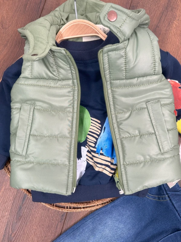 Şişme Yelek Kapüşonlu Etnik Desen Sweatshirt Likralı Pantolon 3lü Erkek Bebek Takım