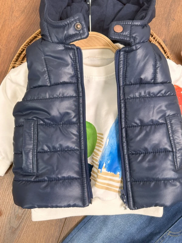 Şişme Yelek Kapüşonlu Etnik Desen Sweatshirt Likralı Pantolon 3lü Erkek Bebek Takım