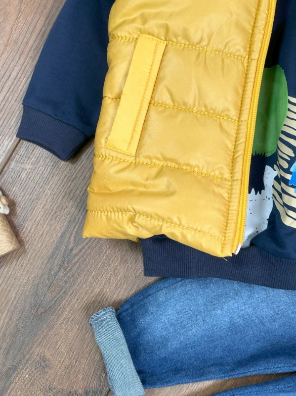 Şişme Yelek Kapüşonlu Etnik Desen Sweatshirt Likralı Pantolon 3lü Erkek Bebek Takım