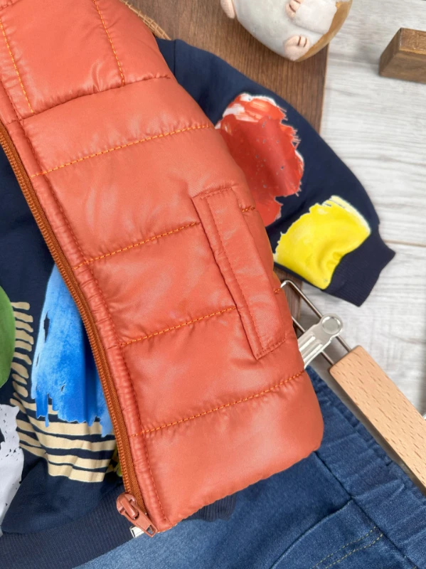Şişme Yelek Kapüşonlu Etnik Desen Sweatshirt Likralı Pantolon 3lü Erkek Bebek Takım