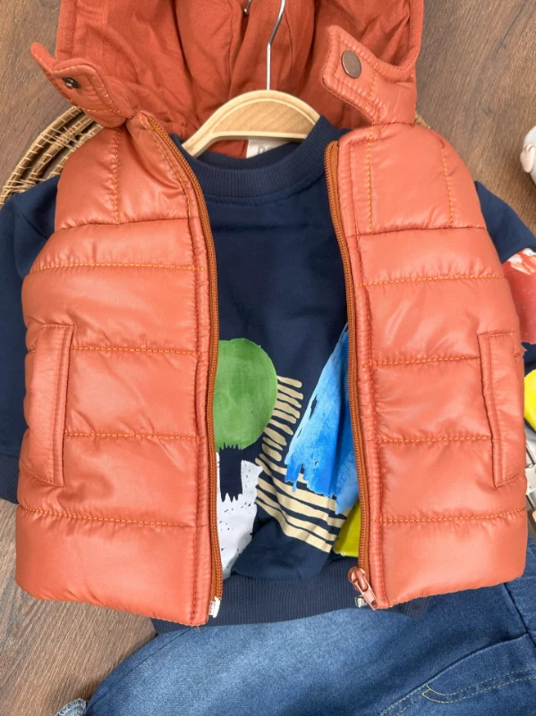 Şişme Yelek Kapüşonlu Etnik Desen Sweatshirt Likralı Pantolon 3lü Erkek Bebek Takım