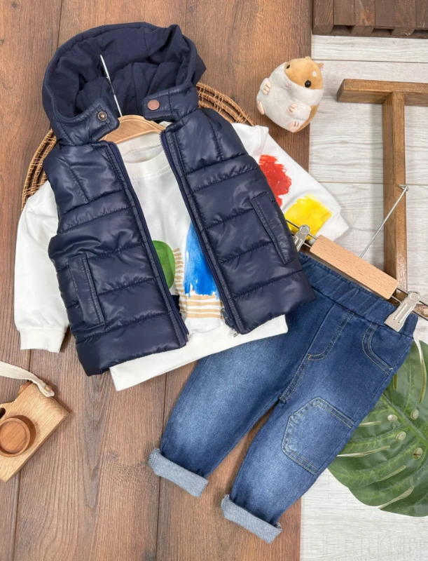 Şişme Yelek Kapüşonlu Etnik Desen Sweatshirt Likralı Pantolon 3lü Erkek Bebek Takım