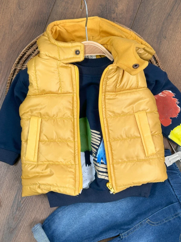 Şişme Yelek Kapüşonlu Etnik Desen Sweatshirt Likralı Pantolon 3lü Erkek Bebek Takım