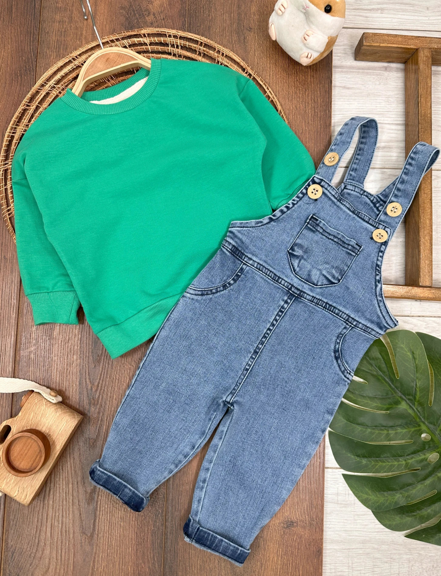 Salopet Likralı Kot Sweatshirt Oversize Unisex Salopet Kot Bebek Takım