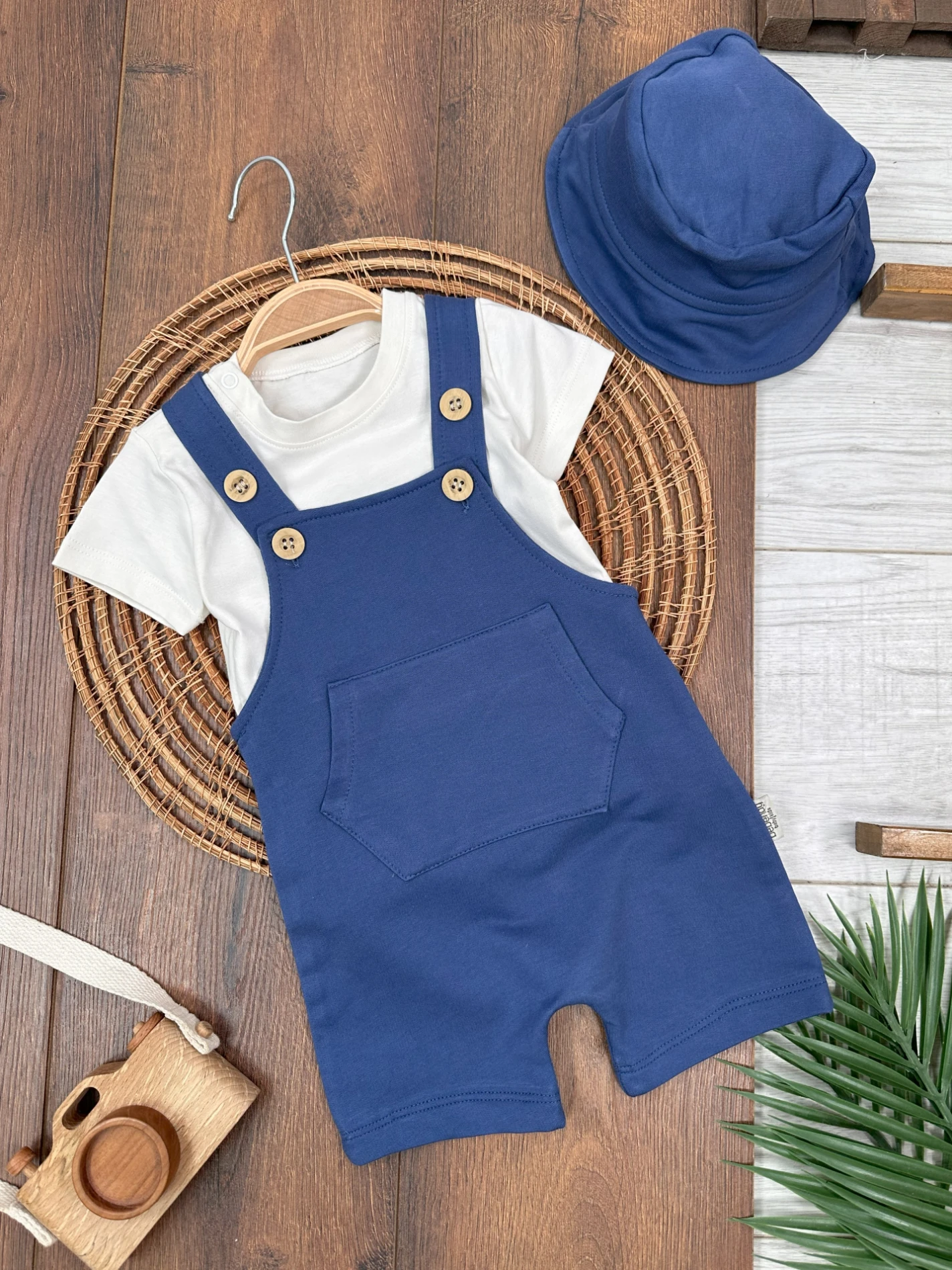 Şapkalı Kanguru Cep Omuzdan Çıtçıtlı Badi Yazlık Erkek Bebek Salopet Takım - LACİVERT