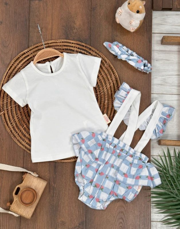 Ekose Desen Çilek Baskılı Bandanalı Badili Alttan Çıtçıtlı Yazlık Kız Bebek Tulum
