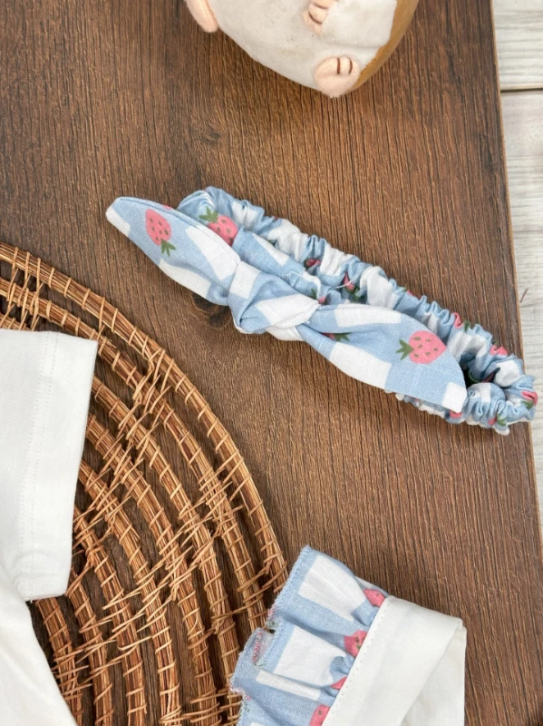 Ekose Desen Çilek Baskılı Bandanalı Badili Alttan Çıtçıtlı Yazlık Kız Bebek Tulum