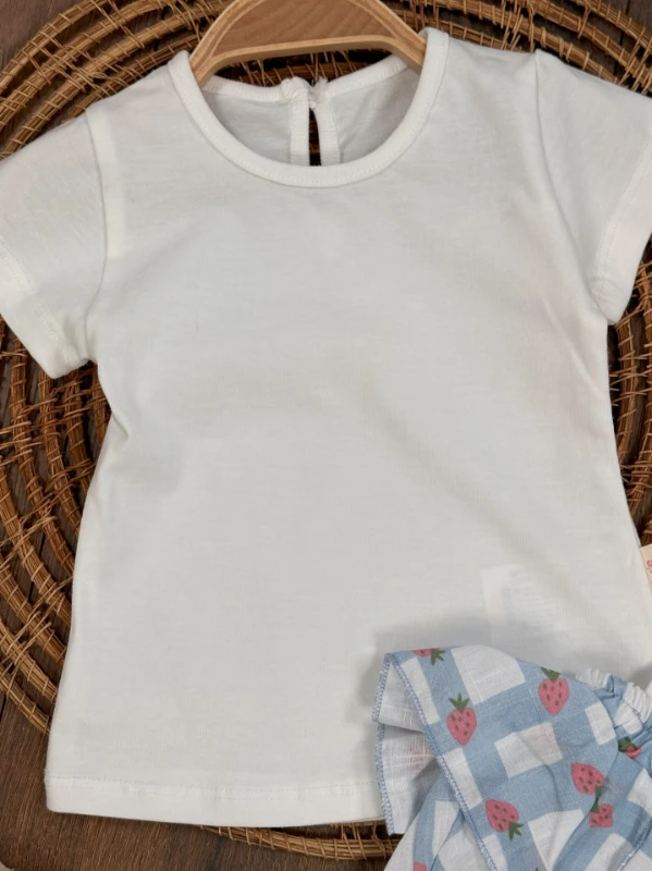 Ekose Desen Çilek Baskılı Bandanalı Badili Alttan Çıtçıtlı Yazlık Kız Bebek Tulum